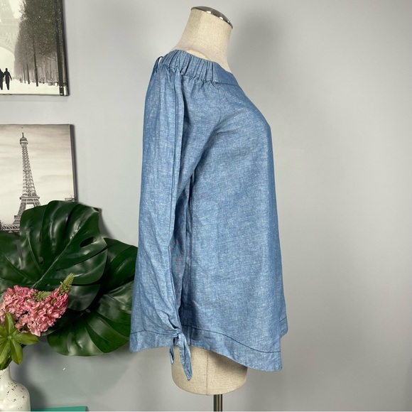 Free People linen/cotton Show Me Some Shoulder chambray blouse Sz XS - Picture 6 of 13